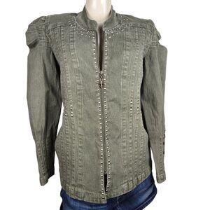 DG2 Diane Gilman Studded Khaki Green Moto Jacket Sz S Denim Zip Front Pleated